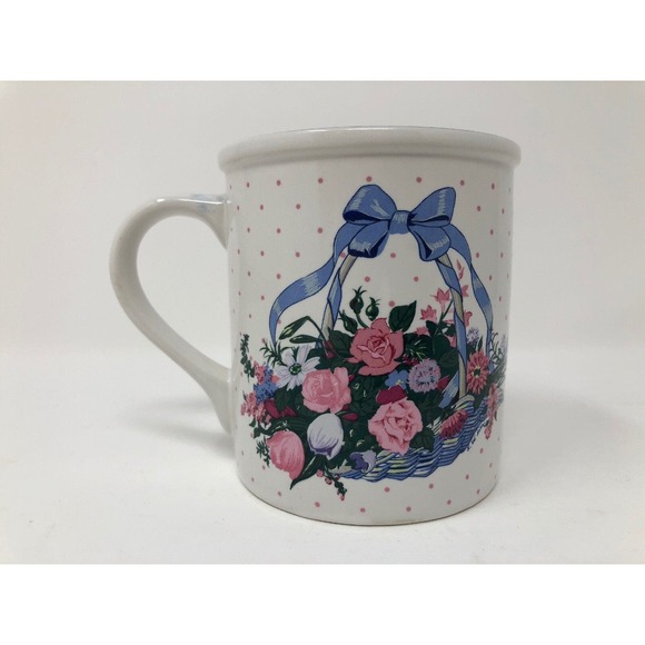 Floral Coffee Mug Creative Concepts 1993 Blue Basket Pink Flowers Polka Dots - Picture 3 of 6